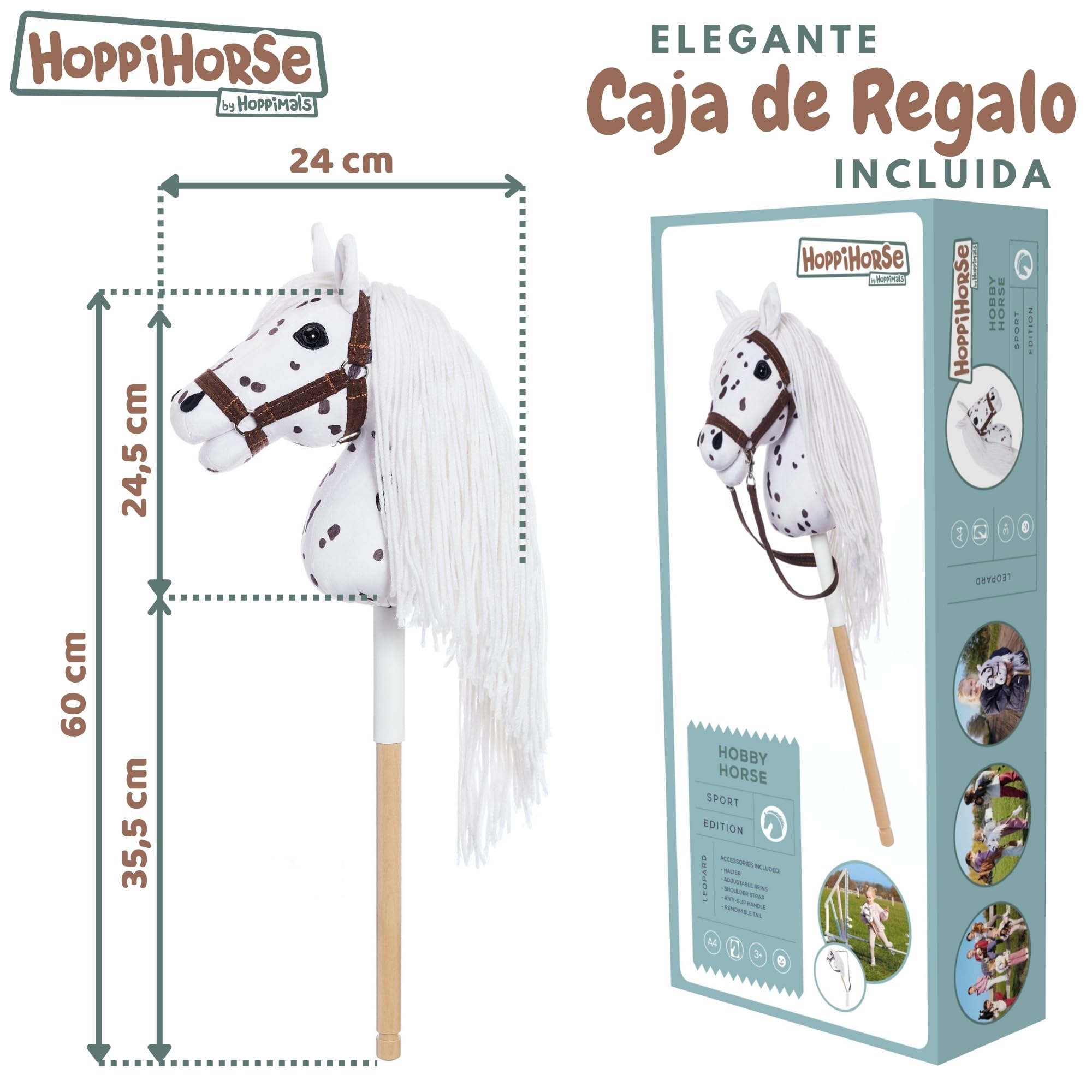 HOPPIHORSE Hobby Horse Deportiva A4 Caballo de Palo con Cabezada Riendas Correa Hombro Cola Empuñadura Silicona Peluche Caja Regalo