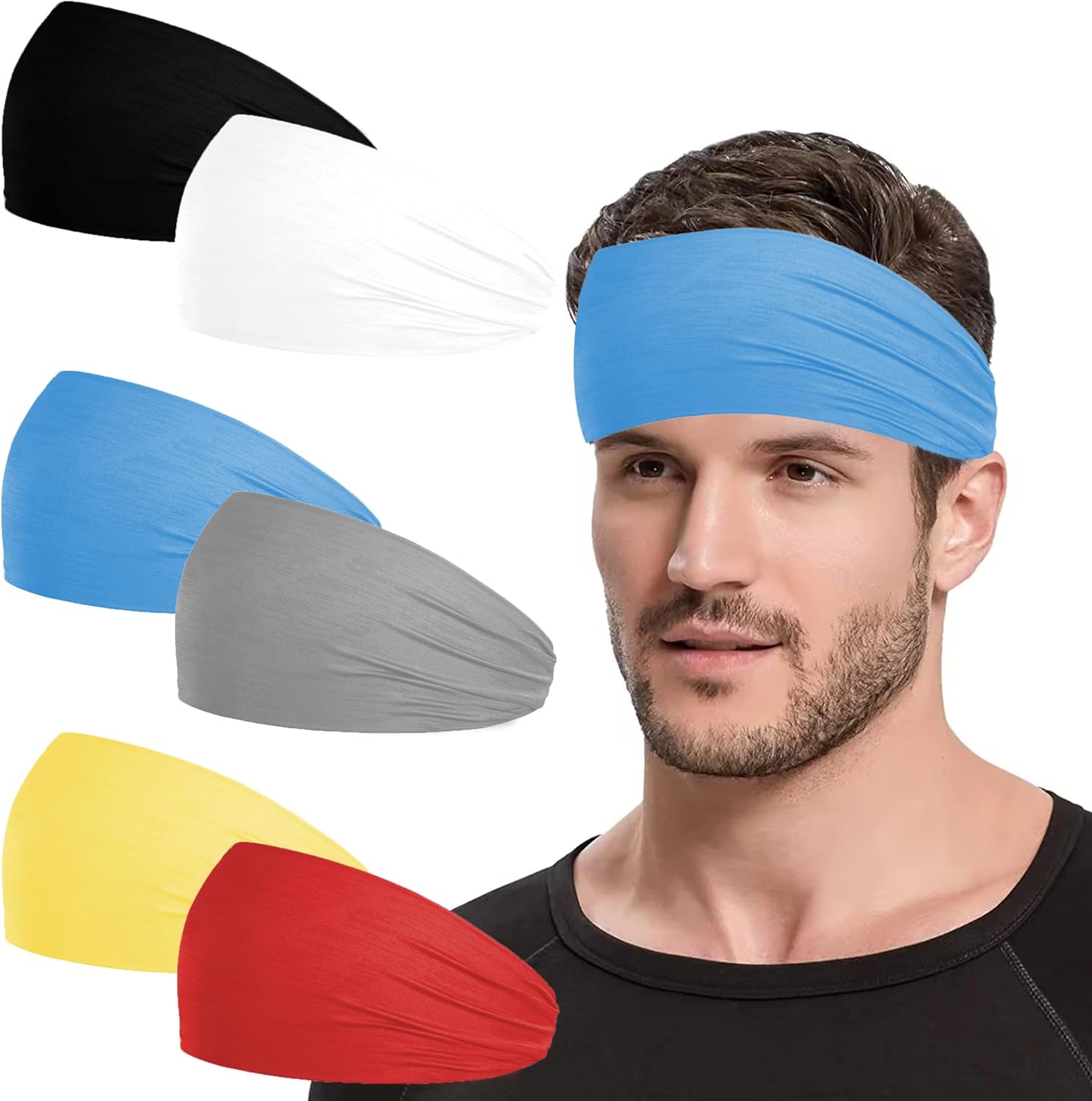 6 Pack Sports Headbands for Mens Running Headband for Women Moisture Wicking Workout Headband Sweatbands for Running,Cycling,Football,Yoga,Fitness Athletic Unisex Hairband