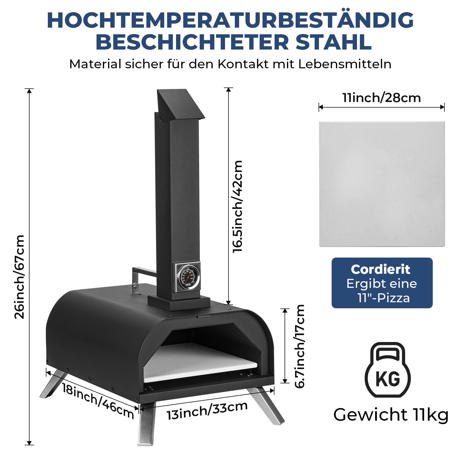 DEERFAMY Four à pizza portable pour granulés de bois et copeaux avec thermomètre, pieds pliables, cheminée amovible, jusqu'à 400 °C
