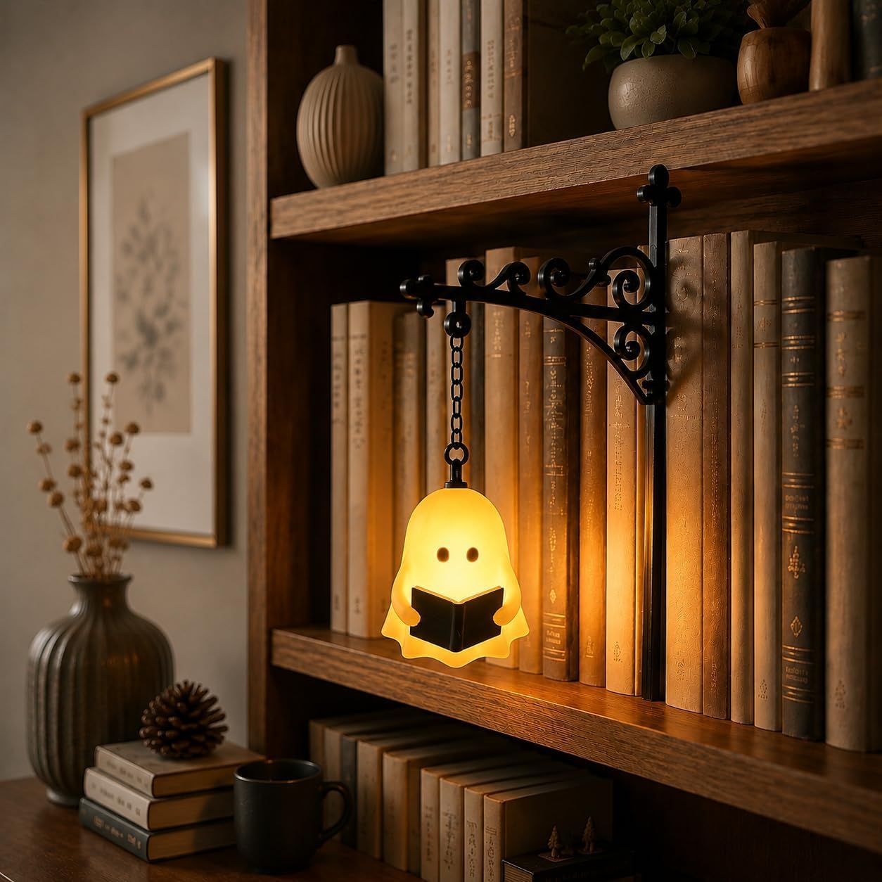 Library Lantern Mini Bookshelf Lamp with Warm LED Lights, Witch Hat，Ghost Reader：2.36" D x 5.51" W x 7.68" H