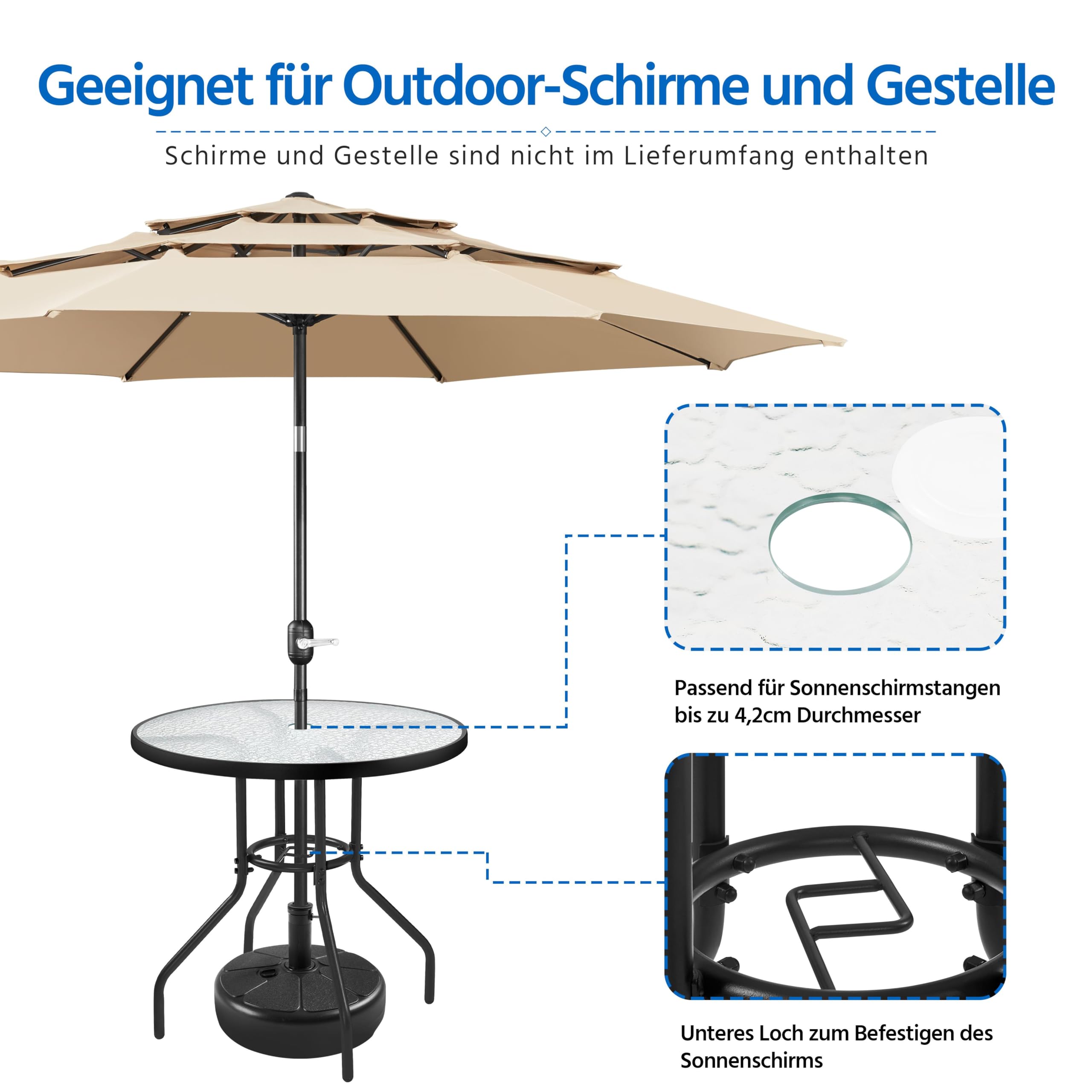 Yaheetech Ø70 cm Gartentisch Bistrotischrund Glastisch, Pflegeleichter Balkontisch mit Schirmloch & Glasplatte Terrassentisch Kaffeetisch Terrassentisch aus Metall für Garten/Balkon/Terrasse, Schwarz
