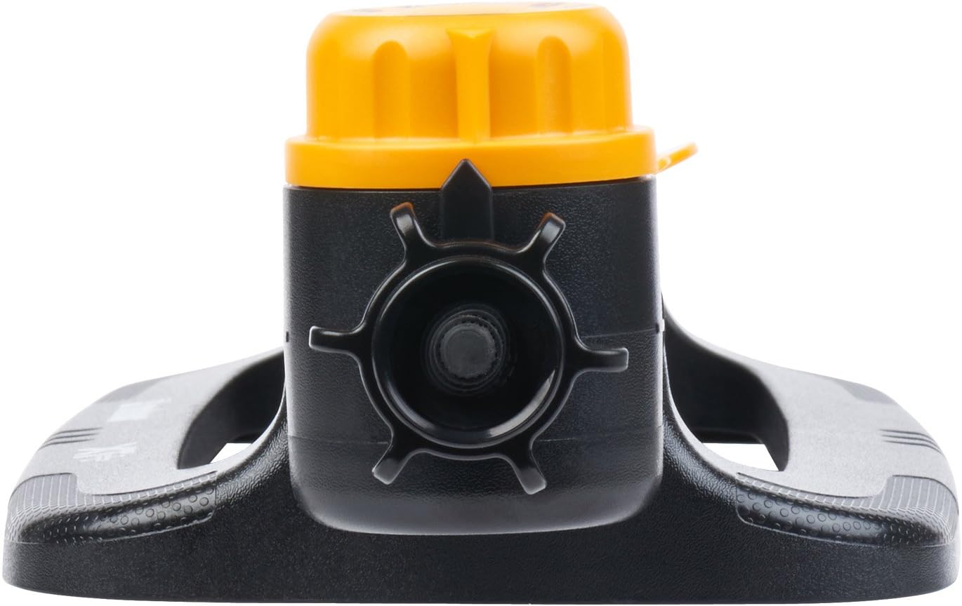 Side view of Melnor XT4110 sprinkler showing the yellow timer dial