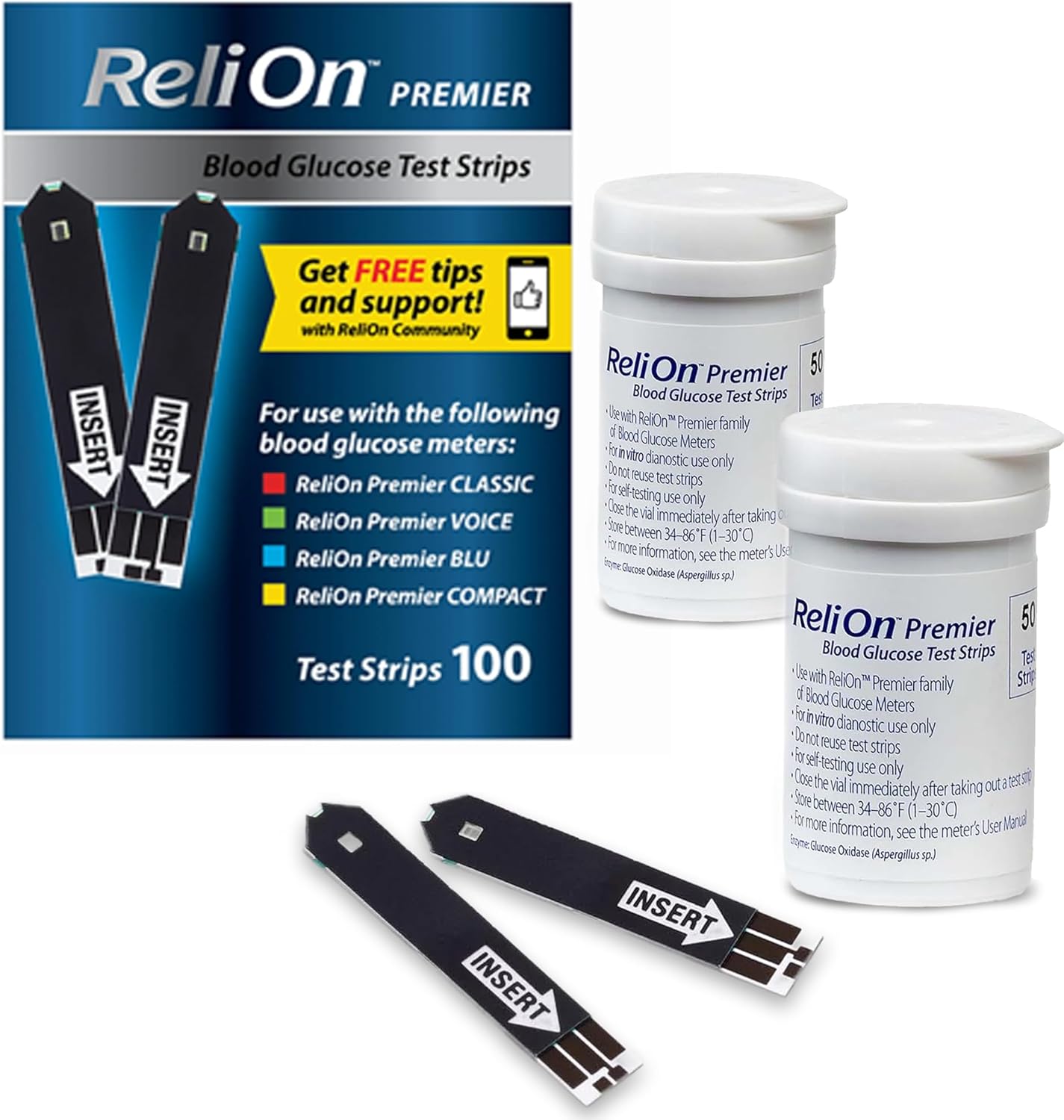 Blood Glucose Test Strips | 100 Count | Diabetic Supplies for Glucose Monitor | Accurate Blood Glucose Monitoring | Tiras para Medir la Glucosa, Compatible with Re Lion Premier Meters