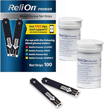 Blood Glucose Test Strips | 100 Count | Diabetic Supplies for Glucose Monitor | Accurate Blood Glucose Monitoring | Tiras para Medir la Glucosa, Compatible with Re Lion Premier Meters