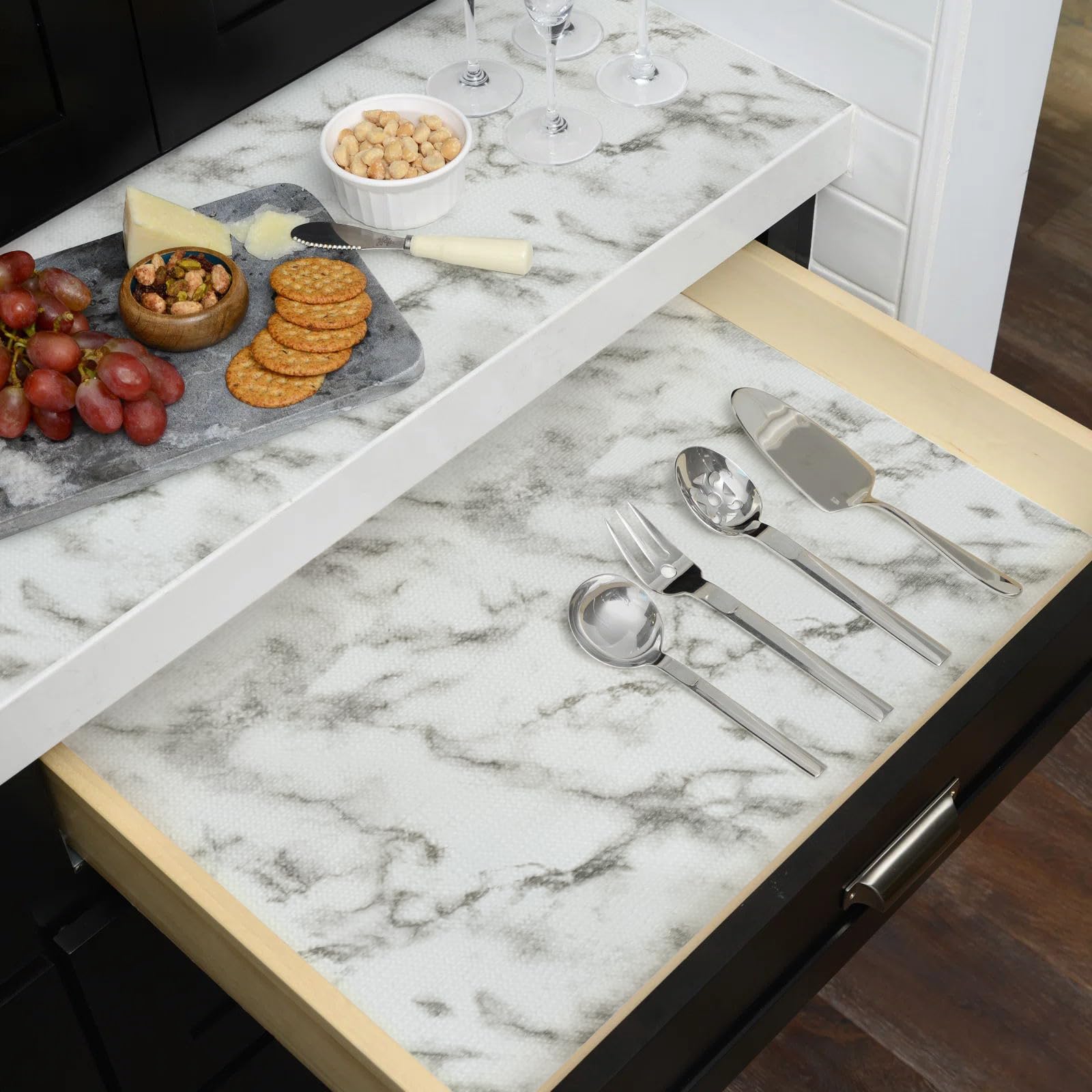 MelunMer Forro para estantes de cajones para armarios de cocina, no adhesivo, 17.3 x 23.62 pies, fuerte agarre, antideslizante, papel grueso, fácil de limpiar, impermeable/lavable, mármol gris
