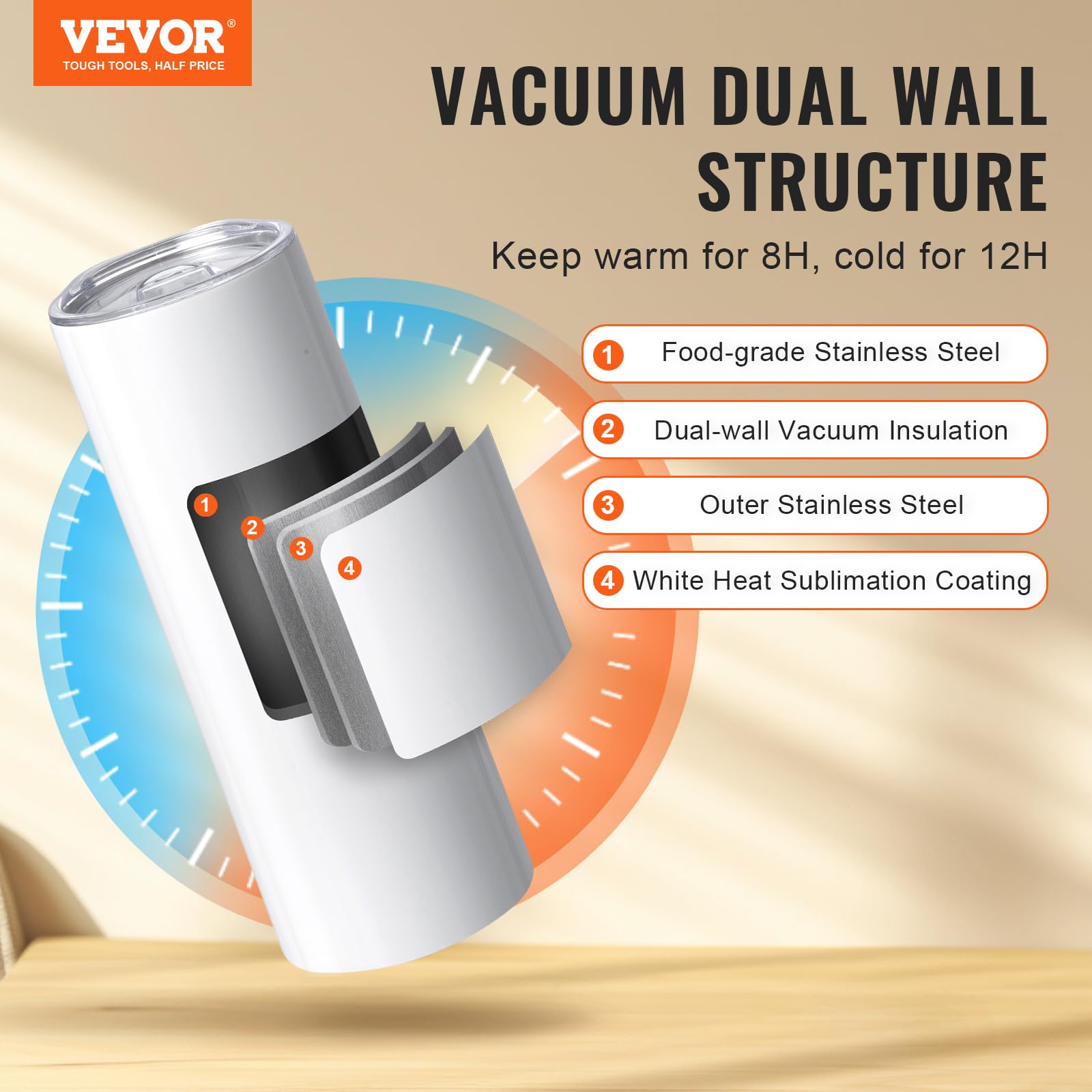 VEVOR Paquete de 50 Vasos de Sublimación Rectos de Acero Inoxidable de Doble Pared, Cada 591,5 ml, Vaso con Pajita, Tapa, Cepillo, base, Envoltura Retráctil, Caja de Regalo, para prensa de calor