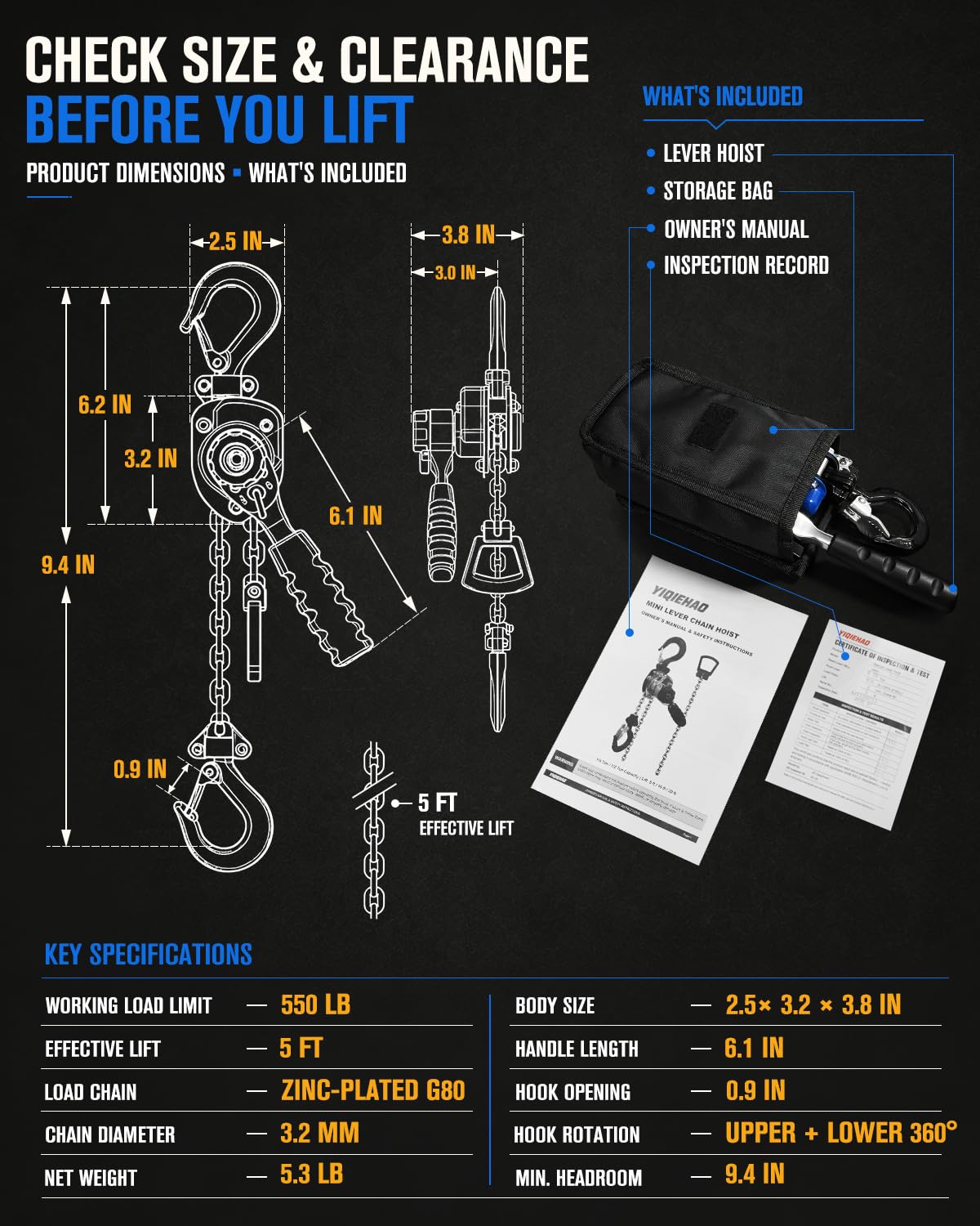 Chain Hoist - 1/4 Ton Lift, 5ft Reach -6