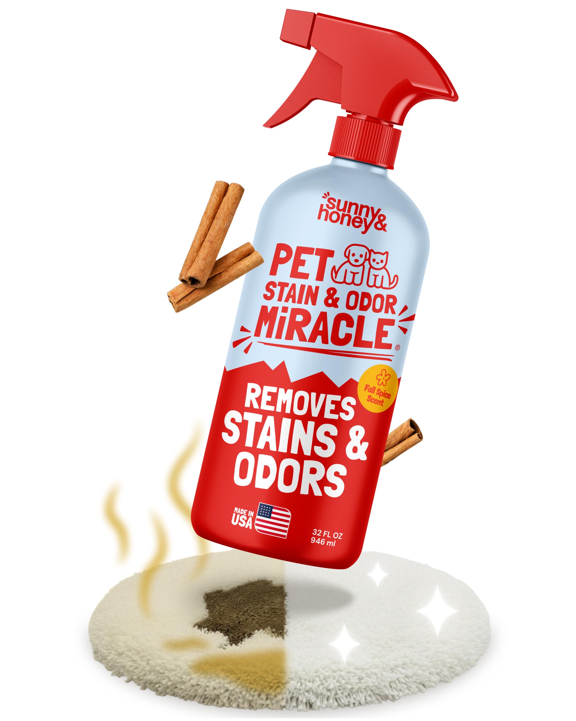 Sunny & Honey Pet Stain Remover - Enzyme Cleaner For New & Deep Set Stains - Carpet Deodorizer & Urine Odor Eliminator for Dog Pee, Cat Urine, Upholstery & Furniture (32 fl oz, Fall Spice)