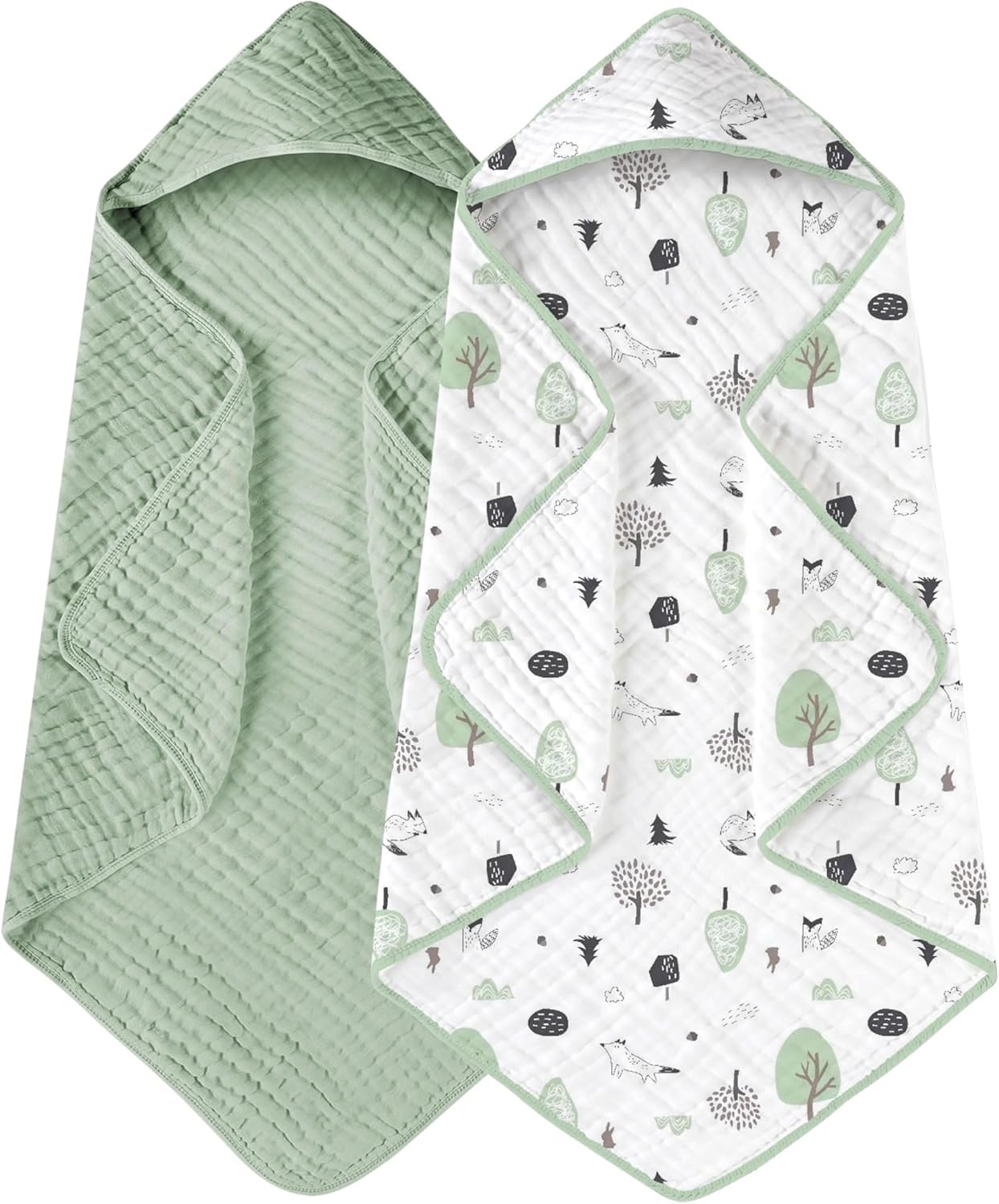 Yoofoss Hooded Baby Towels for Newborn 2 Pack 100% Muslin Organic Cotton Baby Bath Towel with Hood for Babies, Infant, Toddler and Kids, 32x32Inch, Soft and Absorbent Newborn Essential,Forest