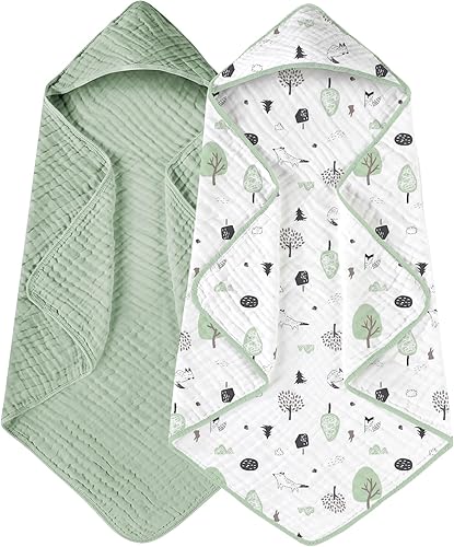 Miniatura 27 de Yoofoss Paquete de 2 toallas con capucha para recién nacido, 100% muselina de algodón orgánico, toalla de baño con capucha para bebés, infantes,