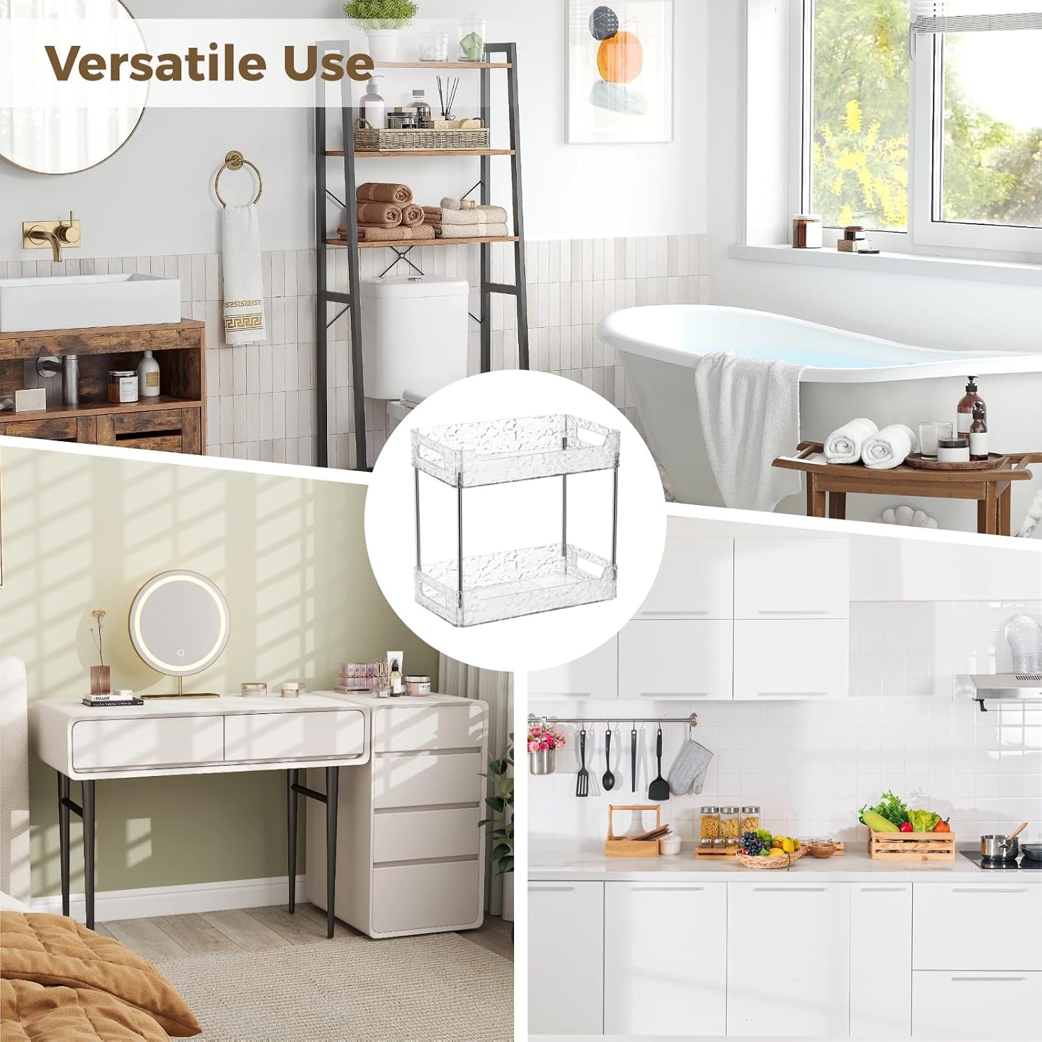 2-Tier Bathroom Counter Organizer, PET Plastic Makeup Storage Shelf with Handle, Glacier Texture Vanity Tray, Easy to Clean Storage Rack for Bathroom, Bedroom, Kitchen