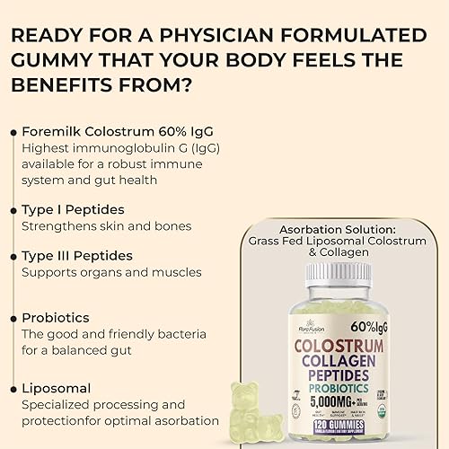 Miniatura 5 de Gomitas de calostro bovino sin azúcar (3,000 mg) Péptidos de colágeno (2,500 mg) y probióticos - 60% IgG, calostro de primer ordeño, apoyo para la