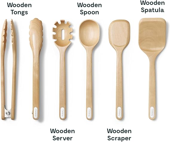 Caraway Wooden Utensil Set - 5 Piece Cooking Utensil Set - Spoon, Server, Scraper, Spatula, Tongs - Made From FSC-Certified Birch Wood - No Microplastics