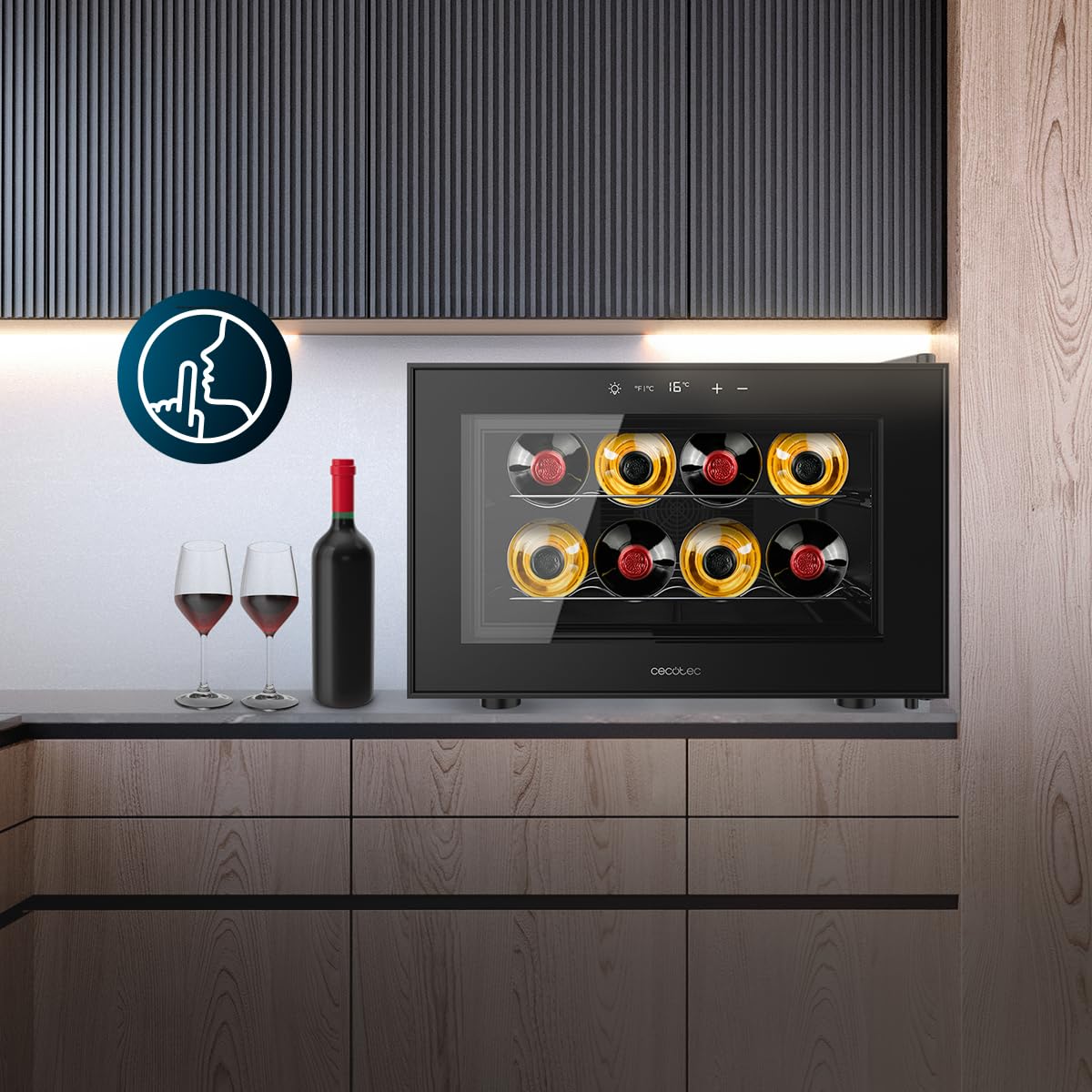 Cecotec Cave à Vin Bolero GrandSommelier 800H CoolCrystal E, Capacité 8 Bouteilles, Étagères Métalliques, Contrôle Tactile, Température 8 à 18ºC, Noire