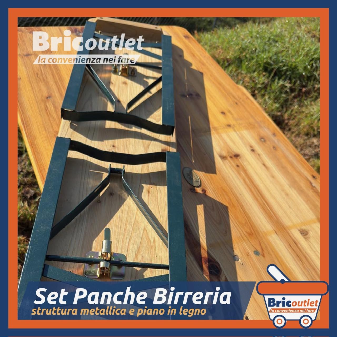 Set Birreria 2 Panche e Tavolo in Legno Naturale, Richiudibile, Salvaspazio 120x60cm