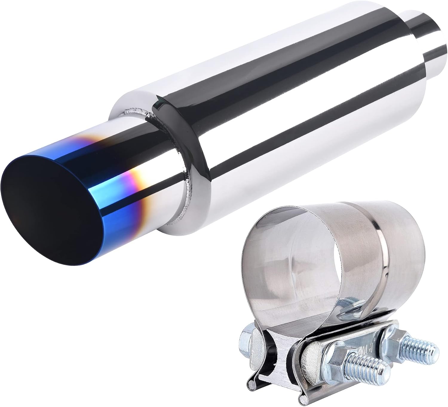 EVIL ENERGY 2.25'' Inlet 3'' Outlet Exhaust Burnt Muffler Tip Universal Bundle with 2.25" Lap Joint Exhaust Band Clamp
