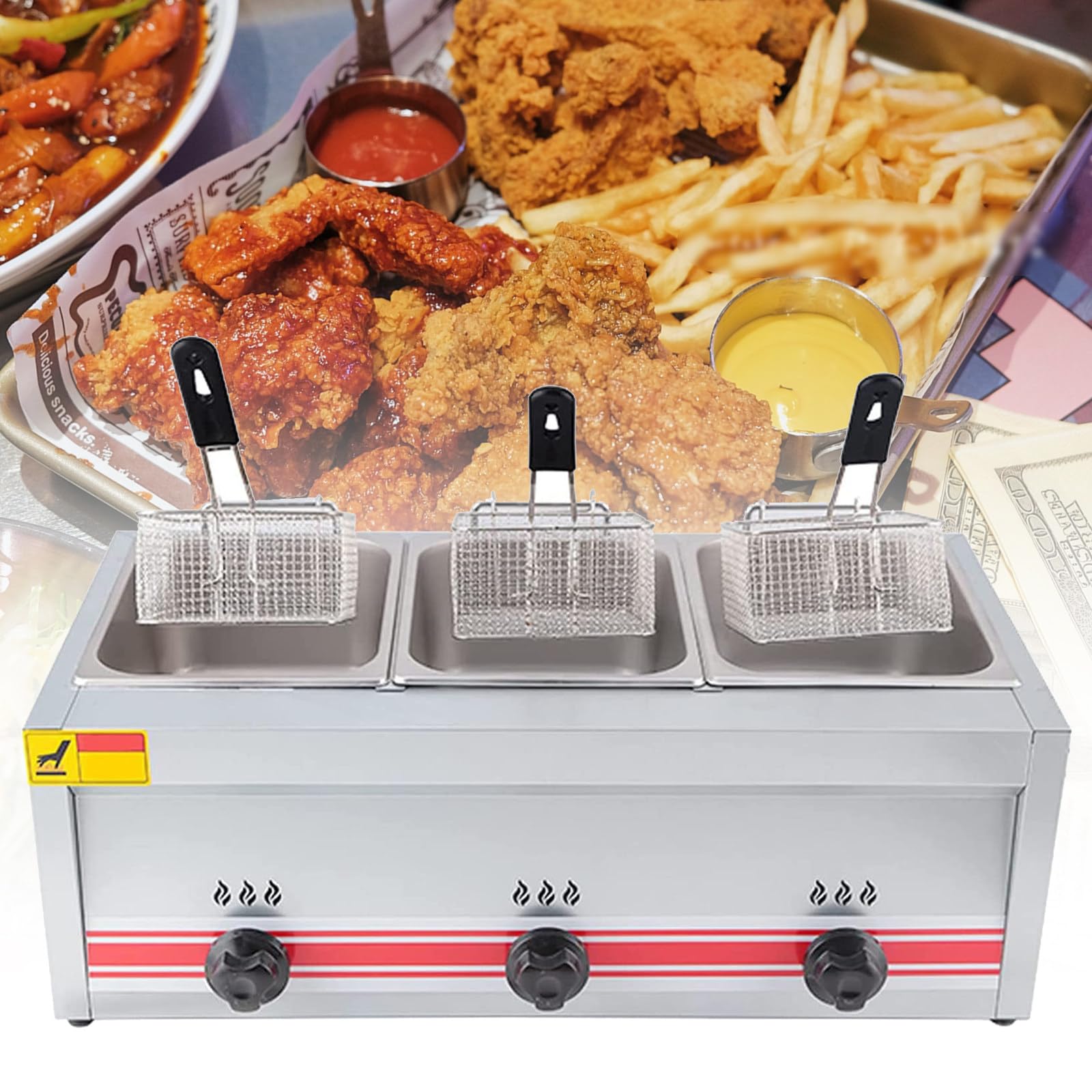 UMJIGF Professional Lpg Gas Fryer,Commercial Fryer, 10l/20l/30l Large Capacity Multifunction Gas Fryer with Basket Gas Fryer,C10L+10L+10L