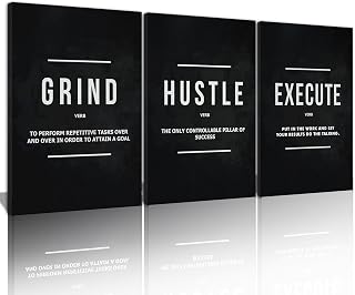 COSCTOR Set of 3 Motivational Wall Art Canvas for Office Workplace Garage Gym Living Room Bedroom Grind Hustle Execute Black and White Wall Decor Inspirational Quotes Posters for Paintings(Unframed,12x16)