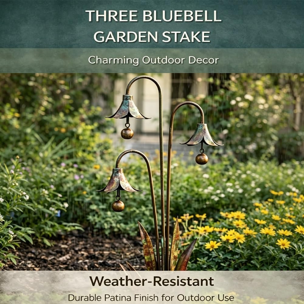 Triple Bluebells Garden Stake, Flamed Copper Three Garden Stake with Bells, Metal Flower Yard Art Decor, Decorative Outdoor Wind Bell Stakes for Lawn Patio, Rustic Handmade Ornament (Gold-1pc)
