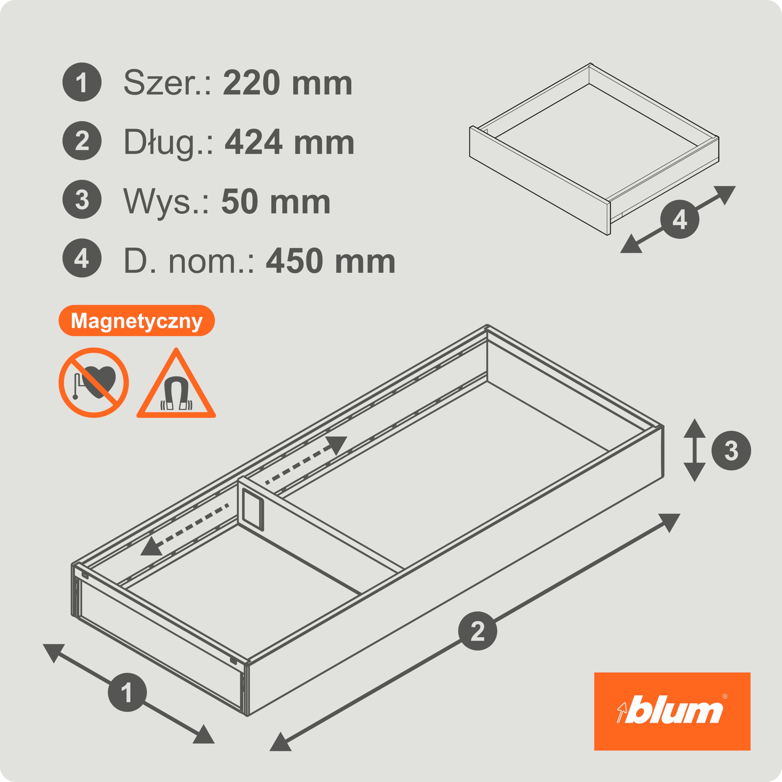 blum AMBIA-LINE organizer szuflady ze stali lakierowanej proszkowo | idealny do kuchni, łazienki i pokoju | rozszerzalny modułowo | 42×22×5 cm | z płytką magnetyczną | Biały jedwab