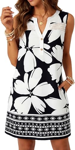 Rooscier Women's Floral Sleeveless V Neck Button Hollow Out Beach Mini Dress wit