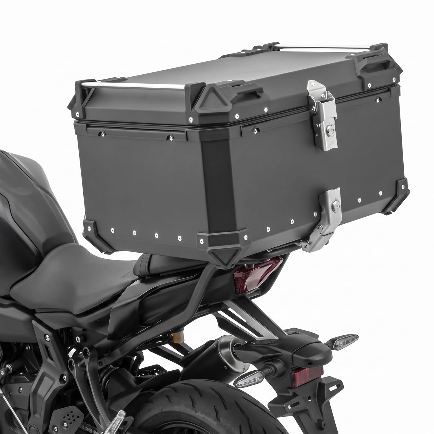 Top Case Moto 65L de Aleación de Aluminio - Baúl trasero universal impermeable para moto y scooter - Maleta de almacenamiento de gran capacidad (2 cascos) Forro interior Premium Cerradura de