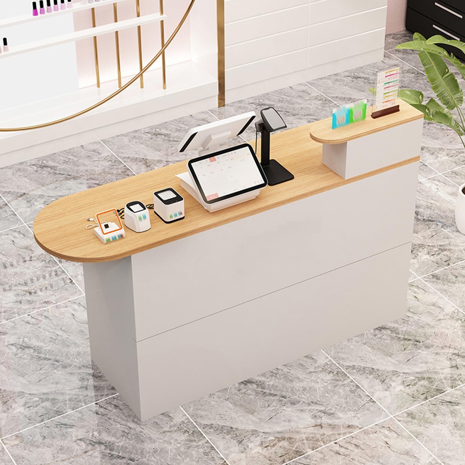YVYKFZD Empfangstheke Rezeption fürs Büro, Rezeptionstheken mit verschließbaren Schubladen, L-förmige Empfangstresen, verkaufstheke einfacher Holztheke(Oak L,55.1"x15.7"x35.4")