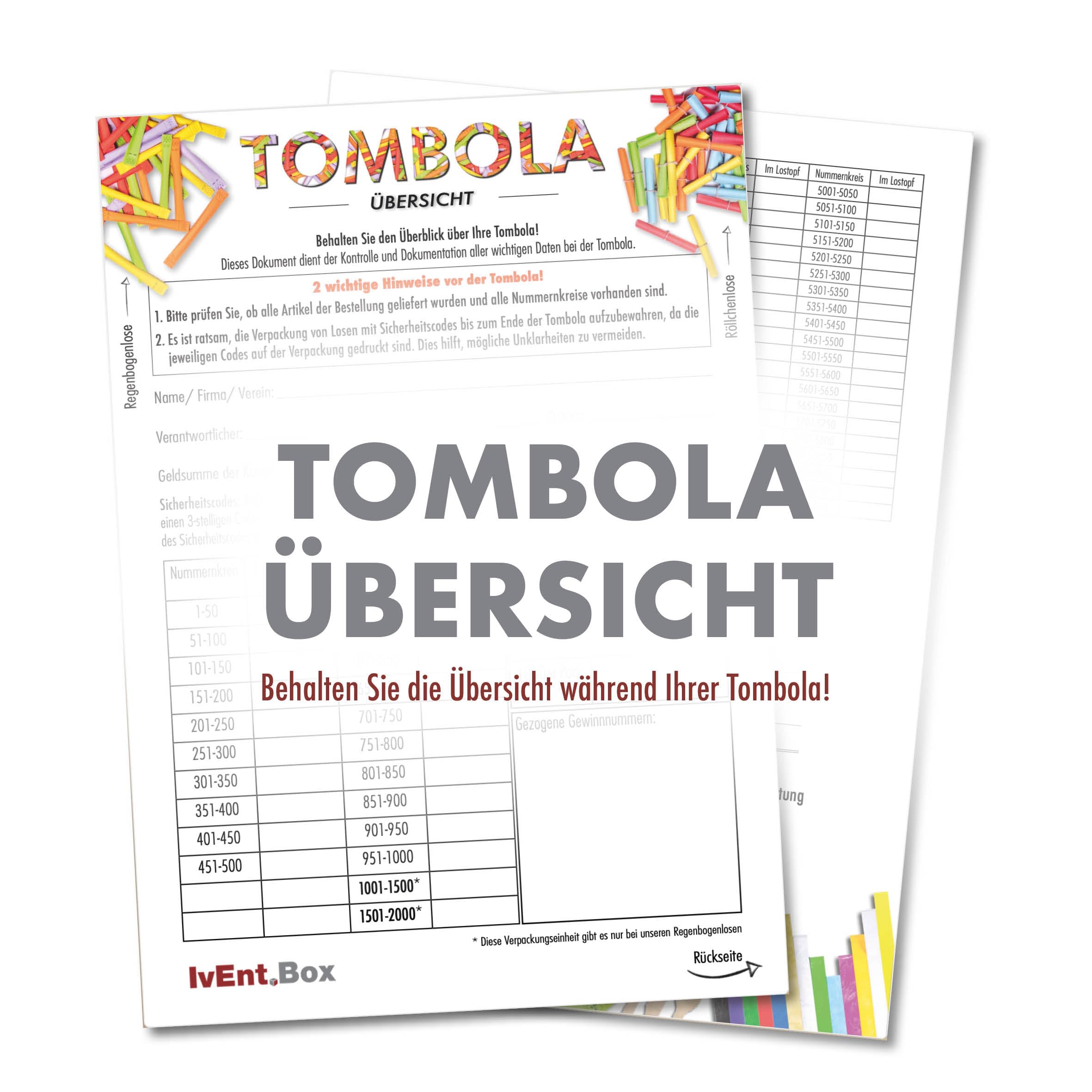 Tombola Lose - Regenbogenlose SET | 1-200 Gewinne | 1000 Nieten | inkl. Aufklebenummern | bunt gemischt