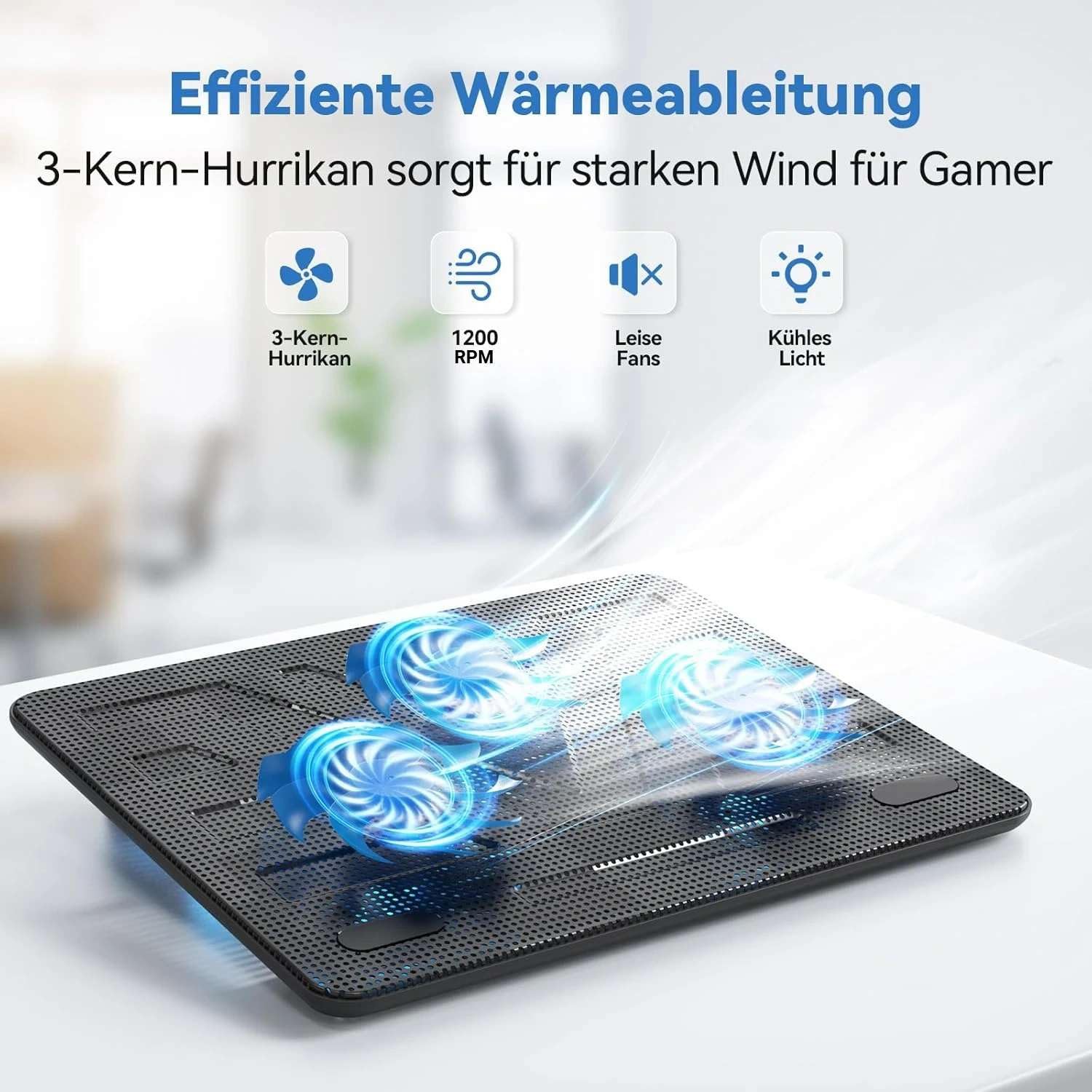 TECKNET Laptop Kühlpad für 12-17 Zoll, 3 Lüfter mit LEDs, 2 USB-Ports, Blau+Schwarz