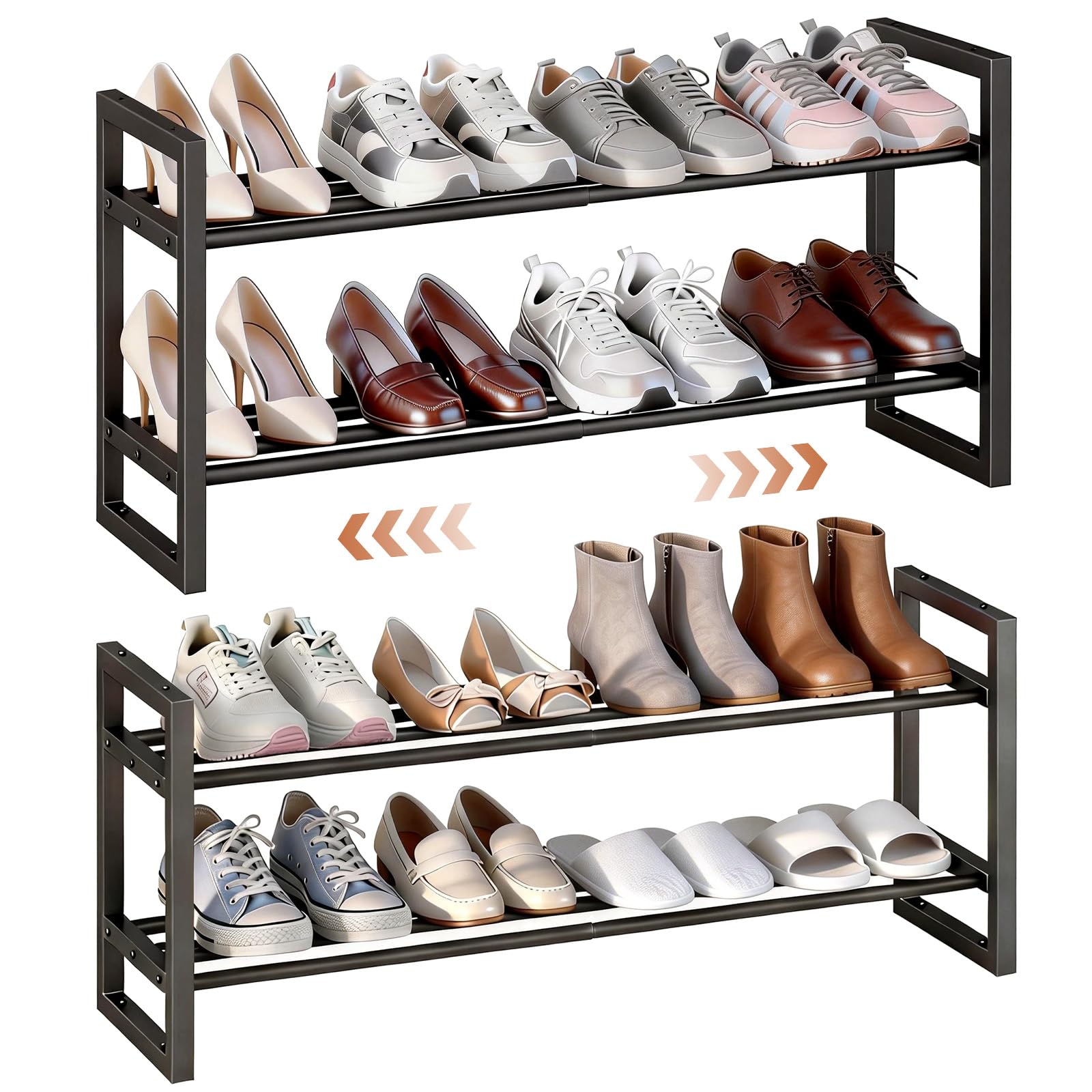 IBUYKE 2 Paquete de Zapatero Extensible, Organizador de Zapatos Ajustable de 45-83cm, Pequeño Estantería para Zapatos Apilable de Metal para Entrada Sala de Esta Armario, Negro TXJ002B-2