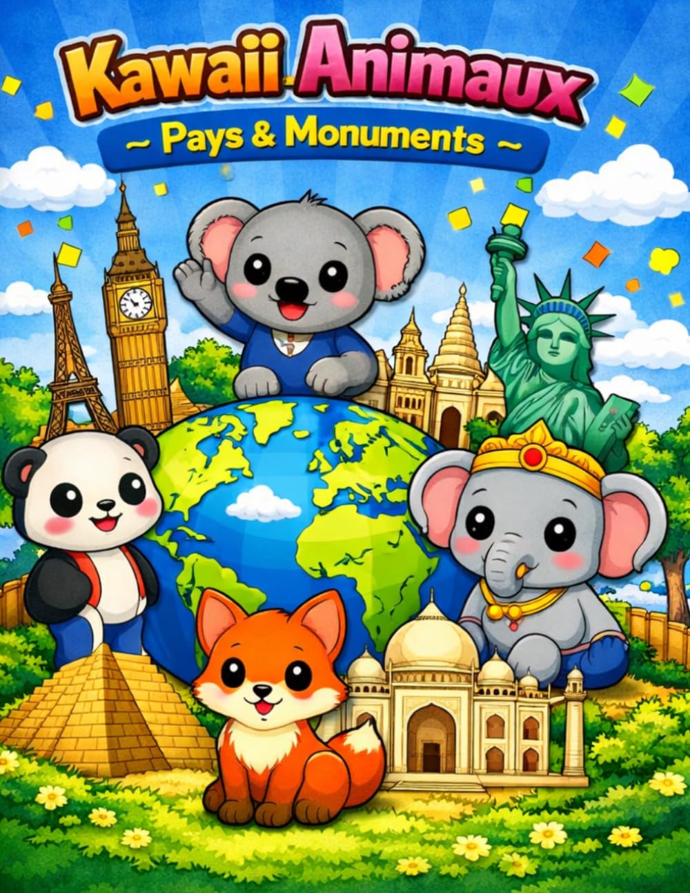Kawaii Animaux – Pays & Monuments: Coloriages mignons autour du monde : animaux kawaii devant les monuments emblématiques.