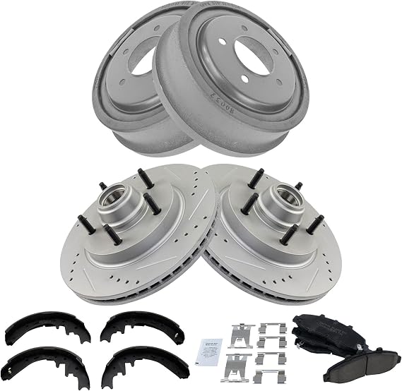 Front Ceramic Brake Pad Performance Rotor & Rear Drum Shoe Kit Compatible with 1997-1998 Ford F-150