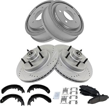 Front Ceramic Brake Pad Performance Rotor & Rear Drum Shoe Kit Compatible with 1997-1998 Ford F-150