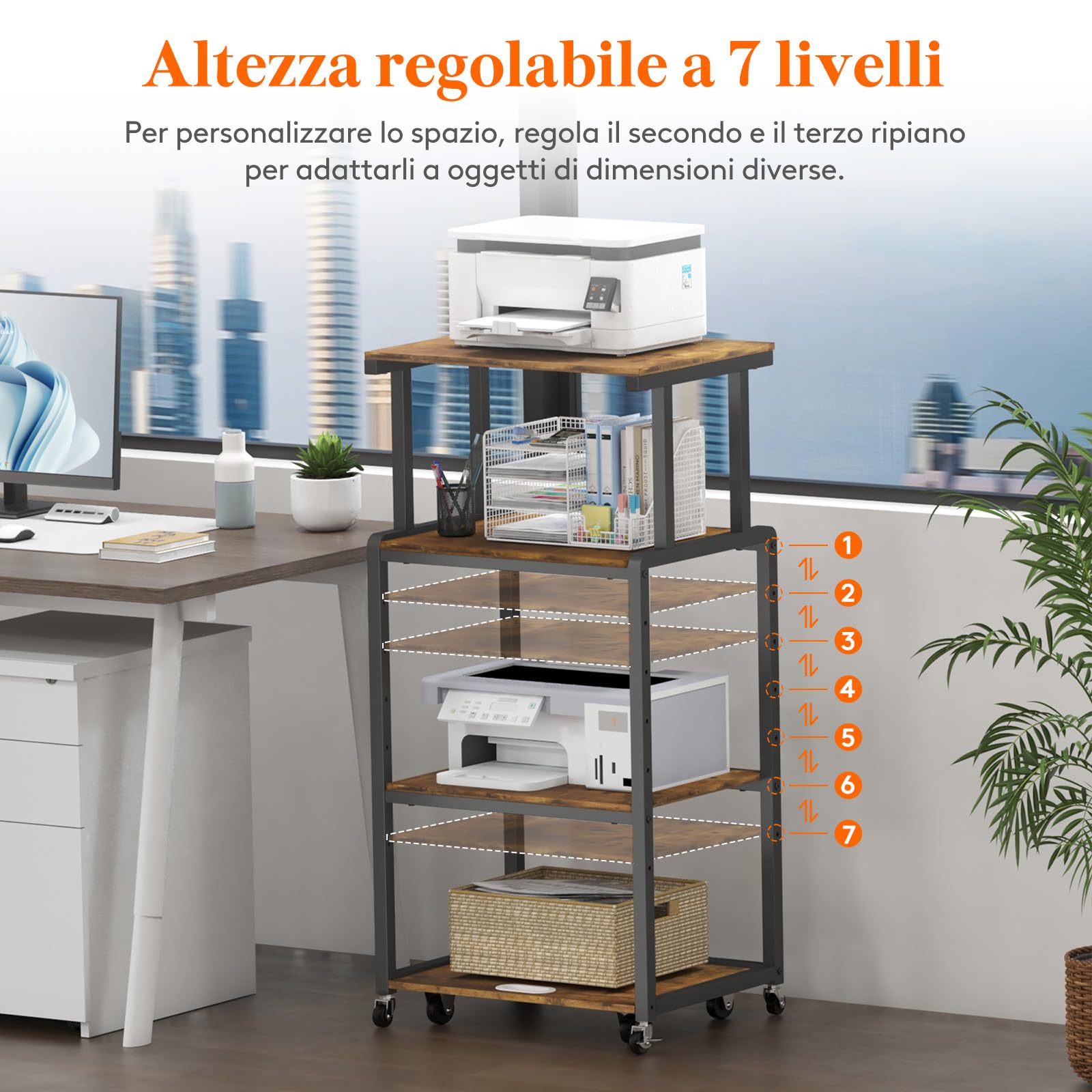 Lifewit Carrello per Stampante 4 Livelli con Ruote e Ripiano Regolabile, Supporto per Stampante per Ufficio Domestico, Carrello per Distruggi Documenti, Scanner, Marrone Rustico, 53x40x112cm