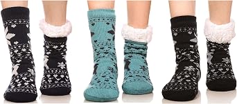 FRALOSHA Womens Slipper Socks Warm Fuzzy Fleece-lined Indoor Anti-Skid Floor Socks 3 Pairs Christmas Gift