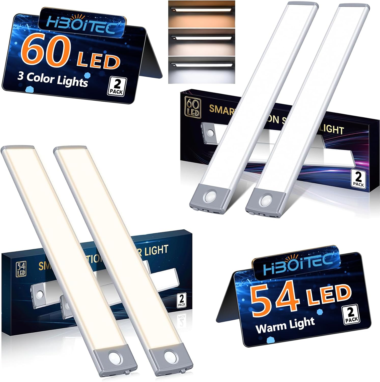 HIBOITEC 60 LED Under Cabinet Lighting 3 Color Temperatures Stepless Dimming Closet Lights & 54 LED Under Cabinet Lights Warm Light Motion Sensor Lights Indoor Rechargeable Wireless Light