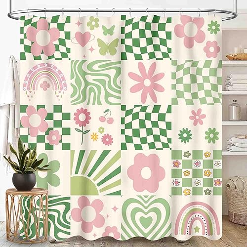 Miniatura 16 de Cortina de ducha con diseño floral hippie, estilo retro de los años 70, diseño de margaritas naranjas, bonitas, estéticas, bohemias, divertidas,