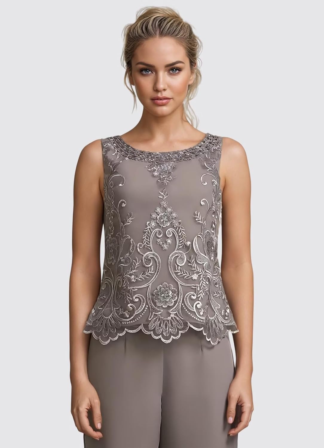 3 Pieces Chiffon Mother of The Bride Pant Suits for Wedding Laces Appliques 3/4 Sleeves Women's Formal Outfit with Jacket