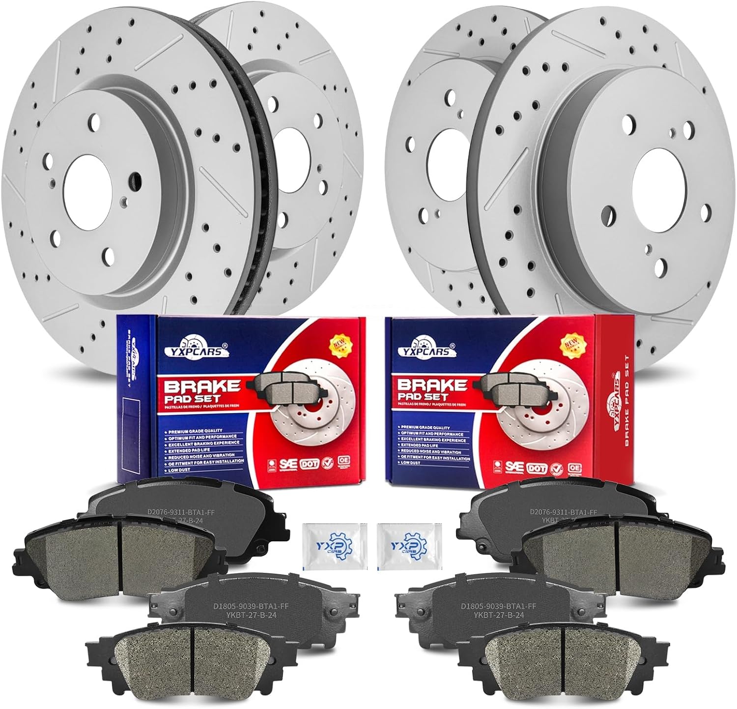 Front & Rear Drilled Slotted Rotors and Ceramic Disc Brake Pads Kit for Toyota Avalon 2019 2022/ Corolla Cross 2022-2023/ Venza 2021-2023/ Rav4 2019 2020 2021 2022 2023