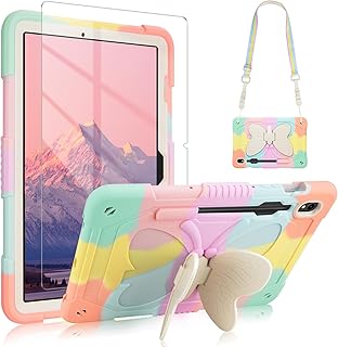 for Samsung Galaxy Tab S9 Case 2023 11 Inch with Screen Protector, Butterfly Stand Hard Tablet Cover with Shoulder Strap Pencil Holder Kids Girls for Galaxy Tab S9 M-X710/X716B/X718U-Pink