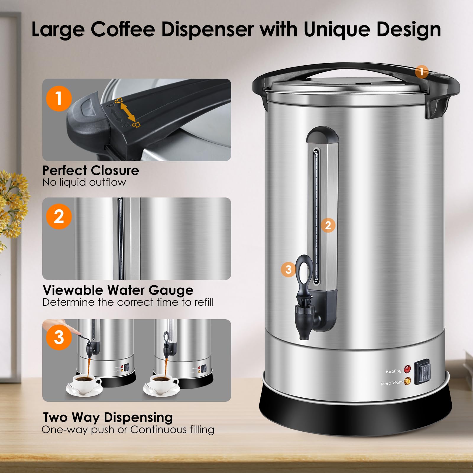 Homtone percolateur à café 120 tasses/18L à double paroi, percolateur industriel avec filtre rond et robinet, distributeur d'Eau Chaude pour Café, Thé, 1500W (Argent)
