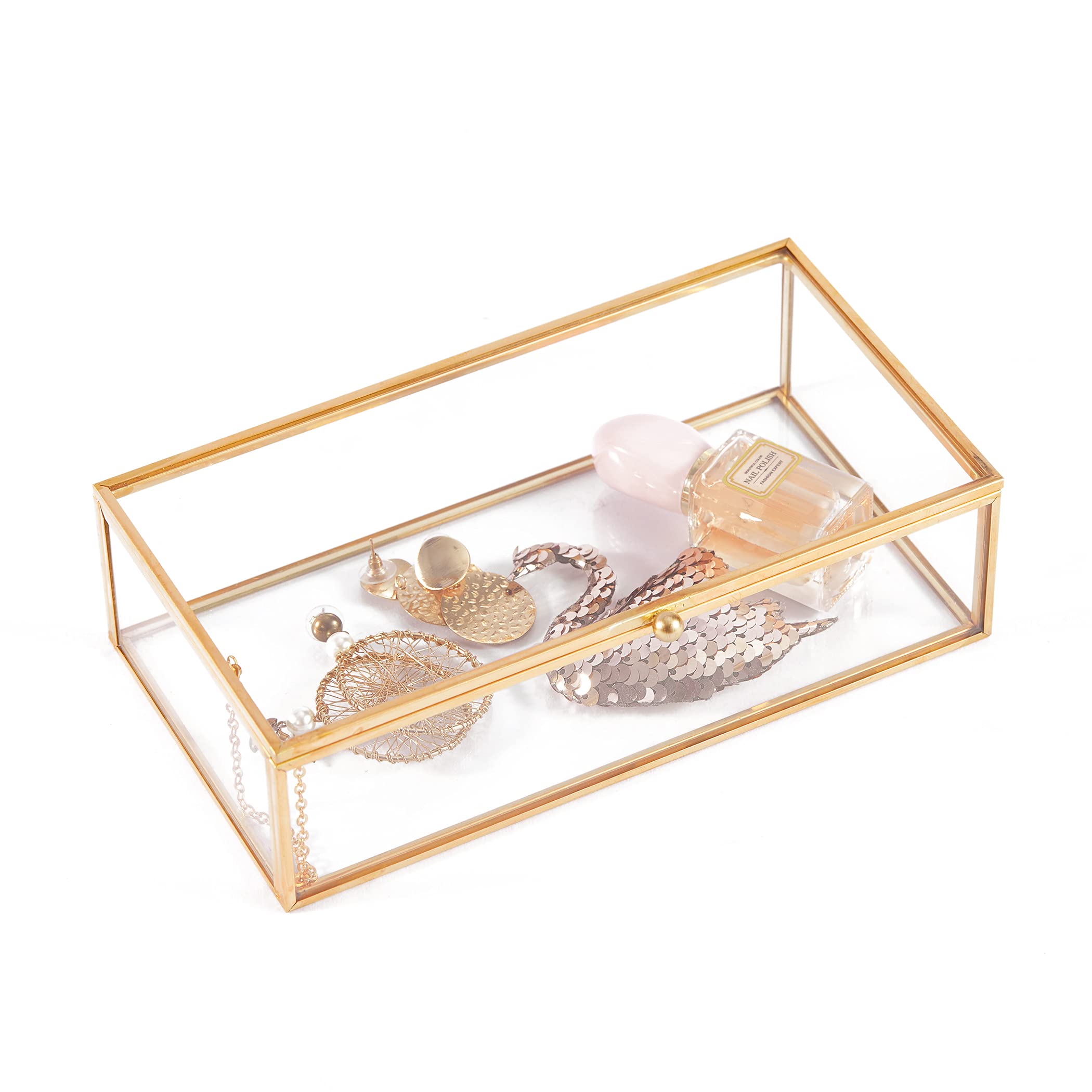 CUWMPL Golden Glass Jewelry Keepsake Box Vintage Glass Jewelry Organizer, Brass Large Clear Rectangle Box, Decorative Boxes, 8