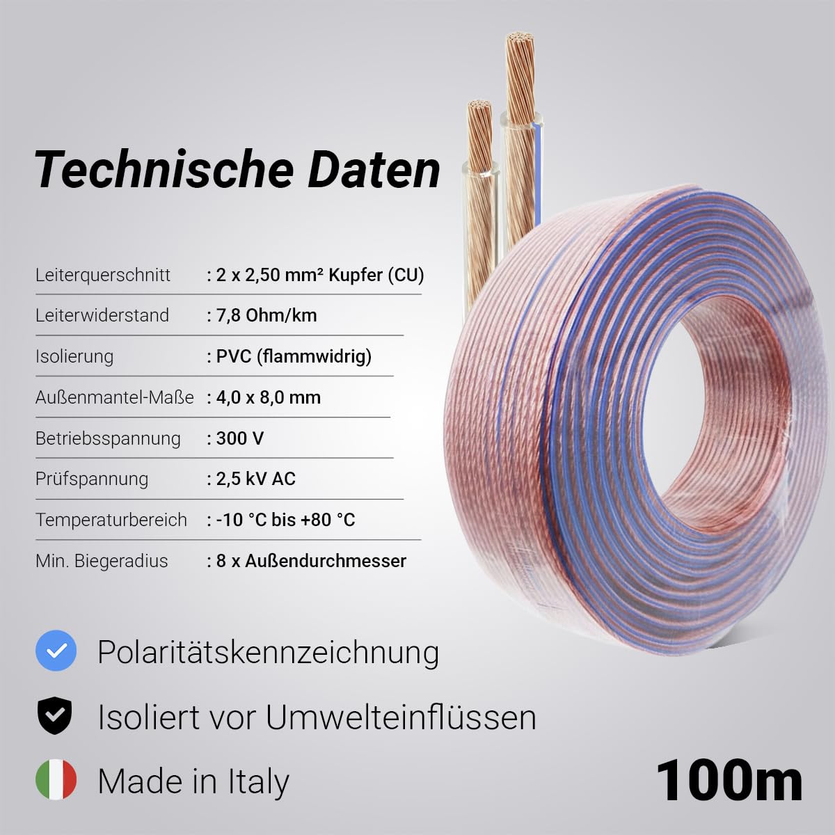 VENTON Cavo per altoparlante, 2 x 2,5 mm², in rame, 100 m, cavo per altoparlante in rame puro, cavo HiFi per altoparlanti e sistemi surround, cavo trasparente, made in Europe