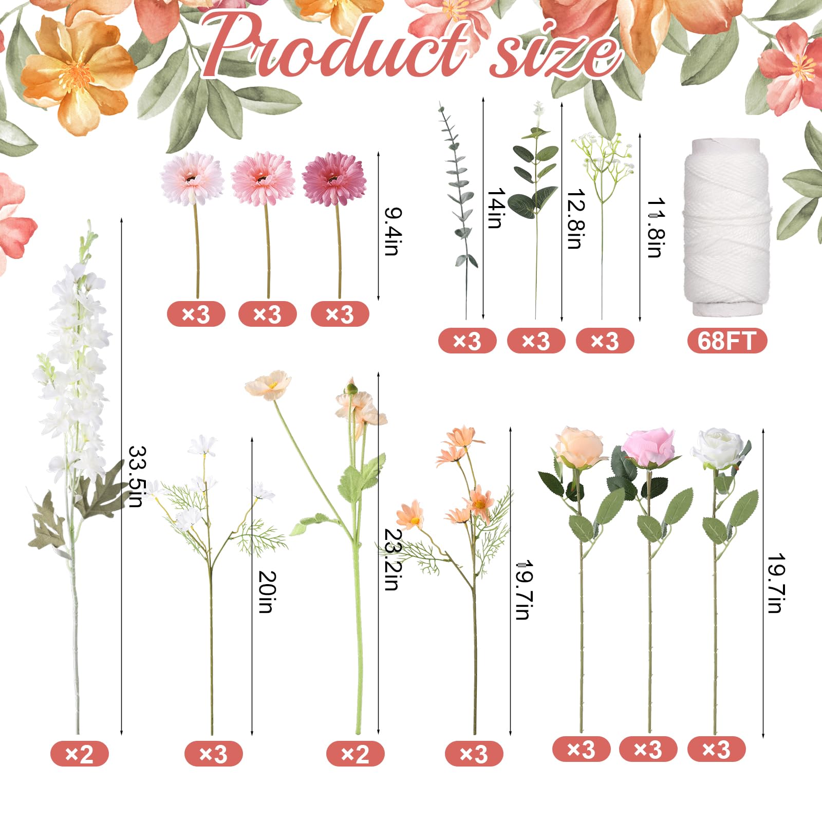 38 Stück DIY Künstliche Wildblumengirlande Hängende Blumen Set Chrysantheme Rose Eukalyptus Gänseblümchen Rittersporn Blume Girlanden Hängende Frühling Wildblume Girlanden für Baby Atem Hochzeit