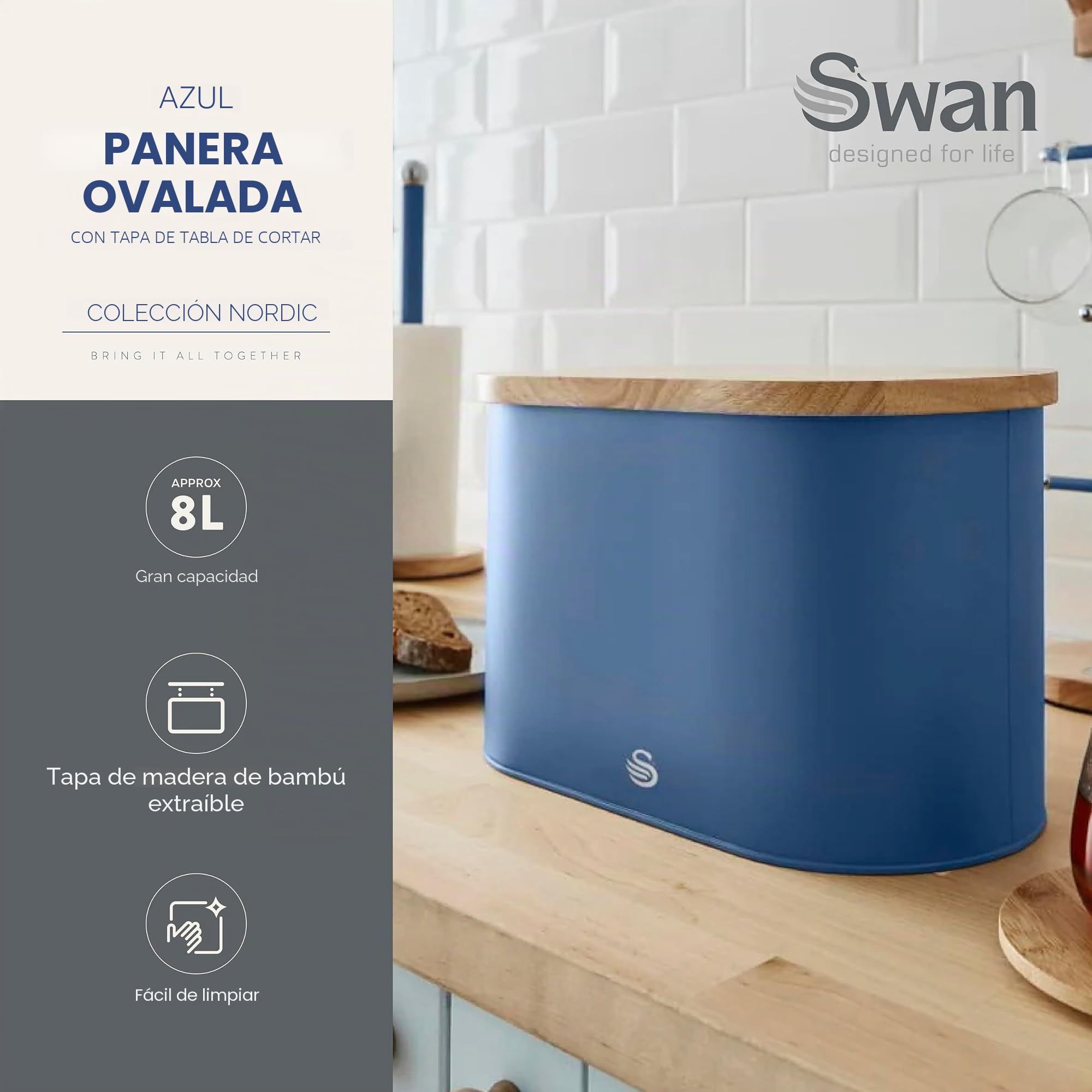 Swan Nordic Panera de Mesa para Guardar, Tapa Tabla de Cortar de Bambú, Contenedor de Acero al Carbono para Almacenamiento de Pan y Bollería, Bread Bin, Diseño Moderno, Azul, Talla única