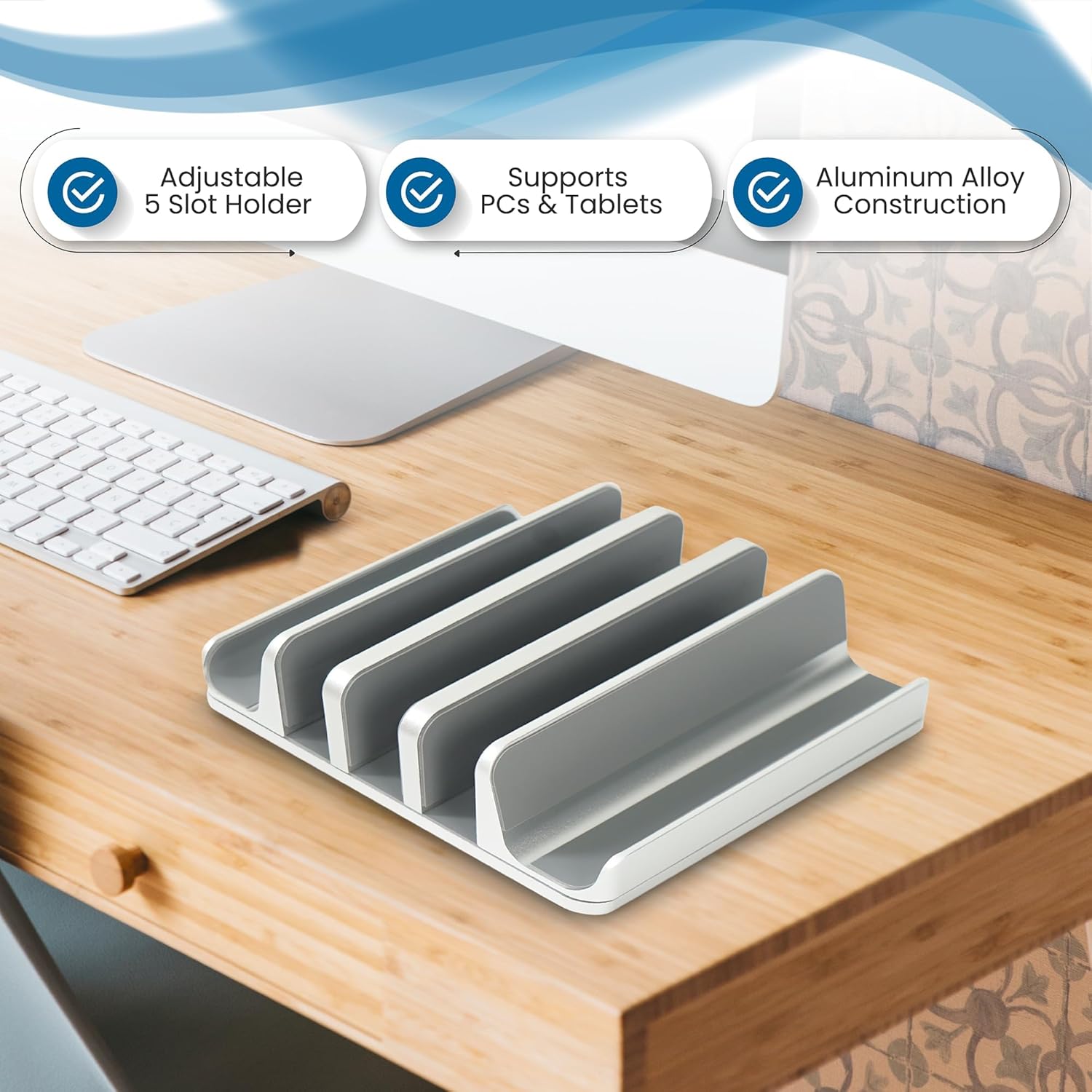 Elestoria 5- Slot Vertical Laptop Stand - Aluminum Laptop Stand Vertical for Desk - Fits MacBook Pro/Air, Surface, Mobiles & Gaming Laptops up to 17.3" - Heavy Duty Laptop Holder for Desk - (Silver)