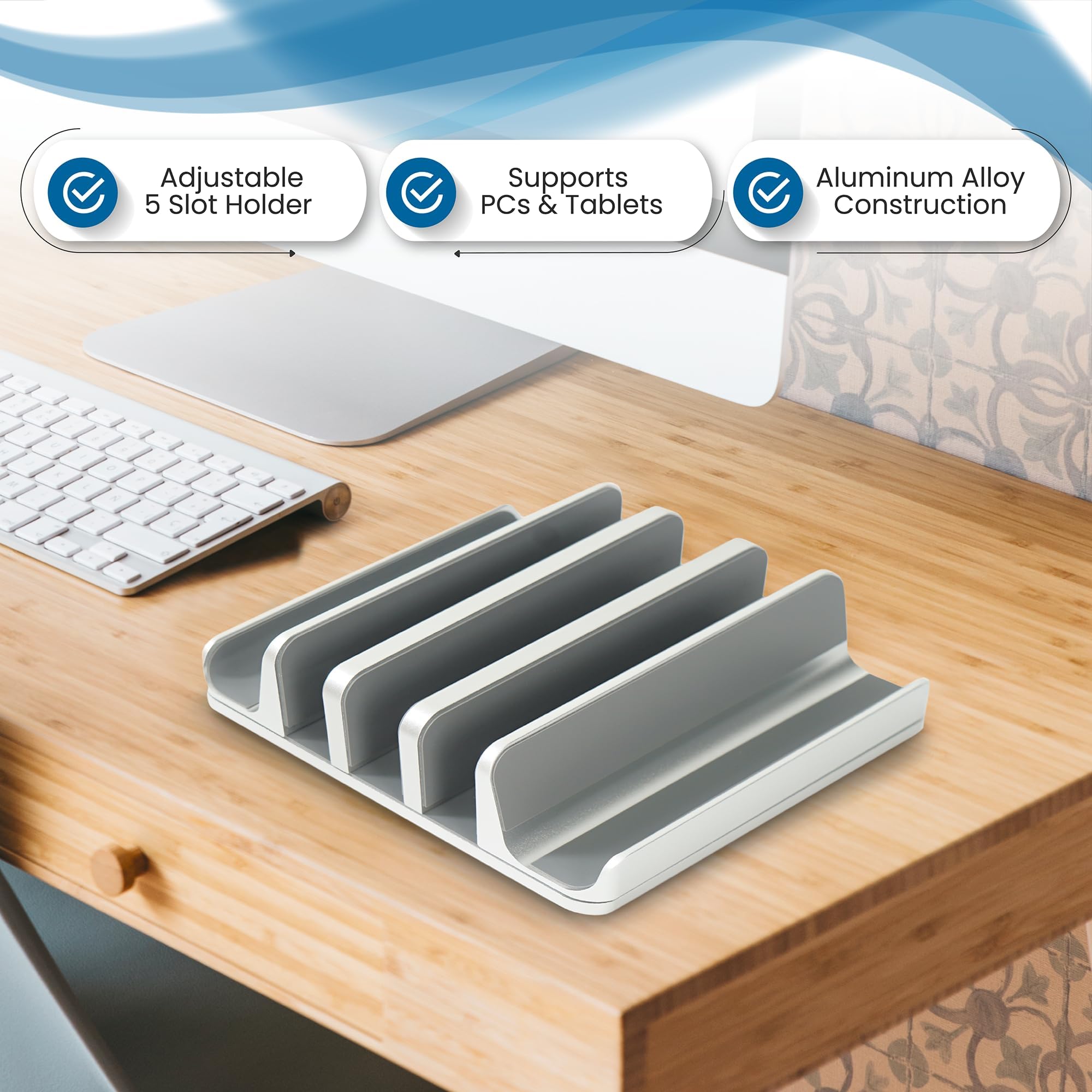 Soporte vertical ajustable para laptop, capacidad para 5 dispositivos, se adapta a todos los portátiles, tabletas y móviles de hasta 17.3 pulgadas, diseño vertical cerrado para uso en escritorio