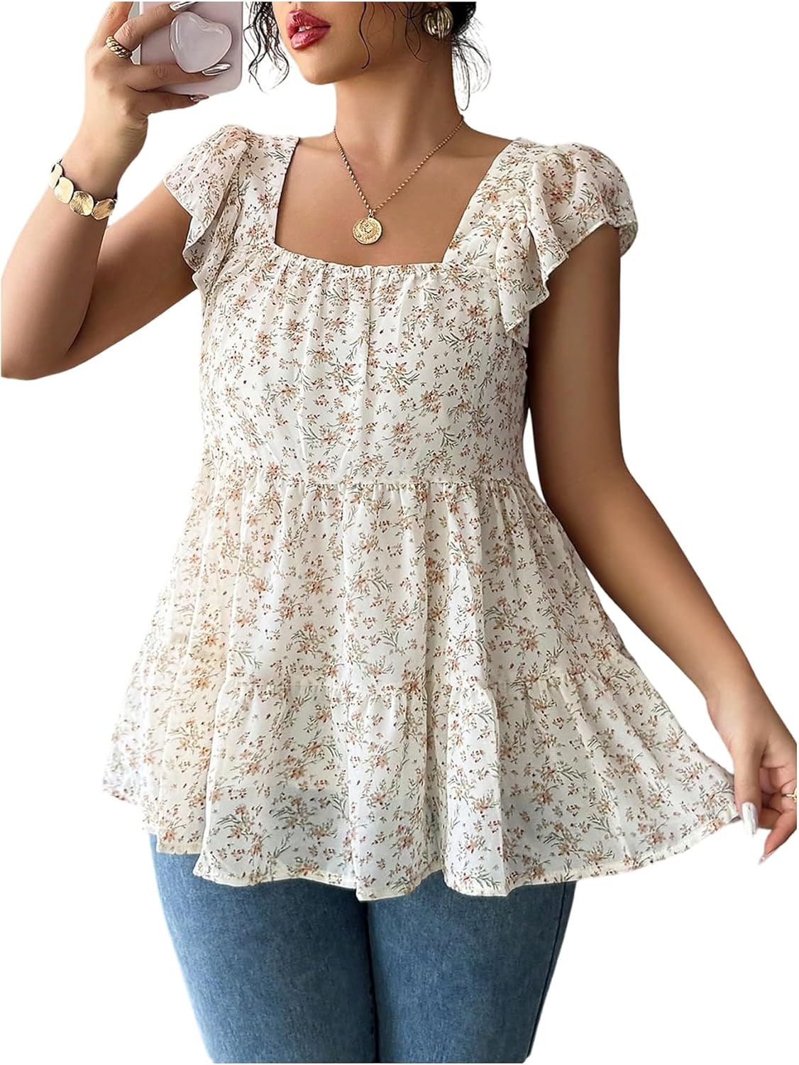 SOLY HUX Women's Floral Blouse Square Neck Cap Sleeve Ruffle Hem Babydoll Flowy Vacation Summer Tops