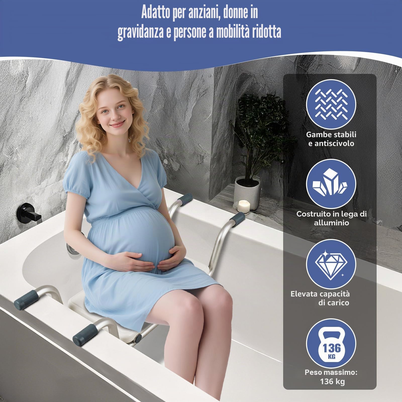 Sedile Per Vasca Da Bagno Regolabile Per Anziani Antiscivolo Con Larghezze Regolabili Per Donne Incinte Bambini Materiale Alluminio Colore Bianco Modello HGAA067-A0E1