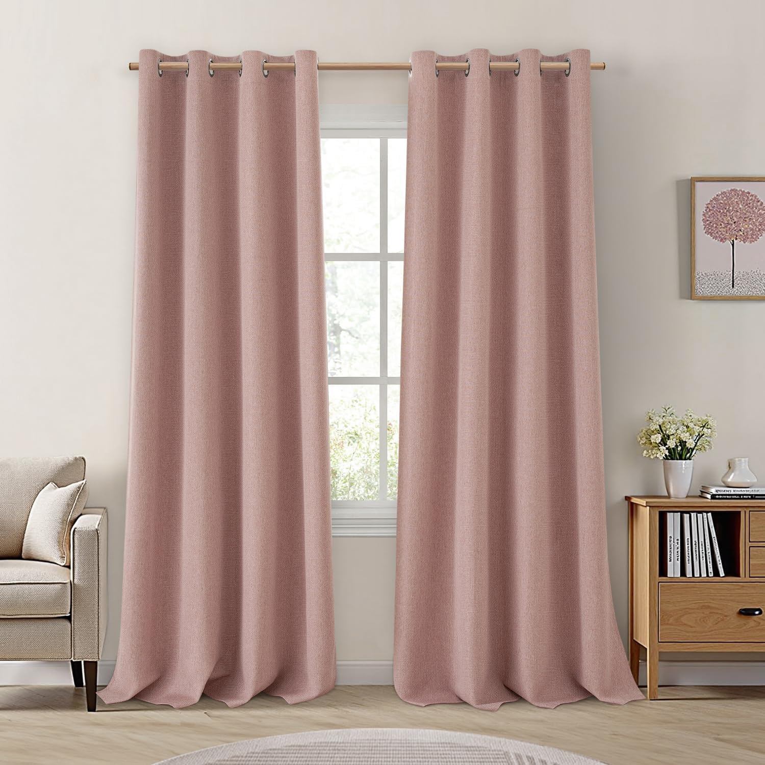 HOMEIDEAS 100% Blackout Curtains 2 Panels Blush Pink Linen Room Darkening Curtains 52 X 108 Inches Thermal Insulated Grommet Window Drapes with Liner for Nursery, Living Room, Bedroom